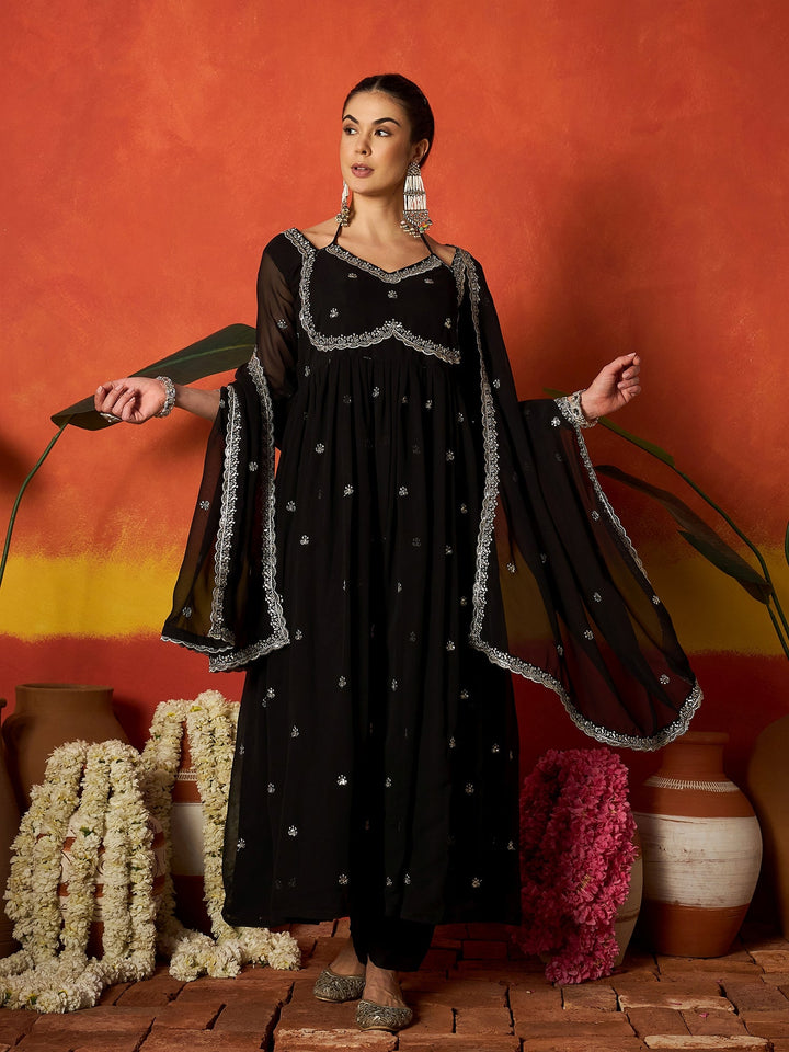 Black Solid & Embroidered Georgette Anarkali Kurta Pant With Dupatta
