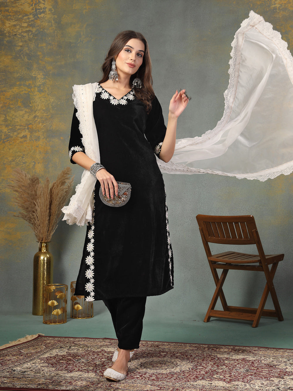 Black-Velvet-Solid-&-Embroidered-3-Piece-Kurta-Set