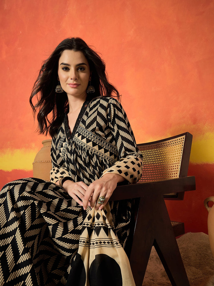 Black Chevron Printed Cotton Anarkali Kurta Pant Dupatta Set