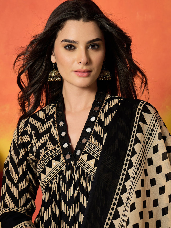 Black Chevron Printed Cotton Anarkali Kurta Pant Dupatta Set