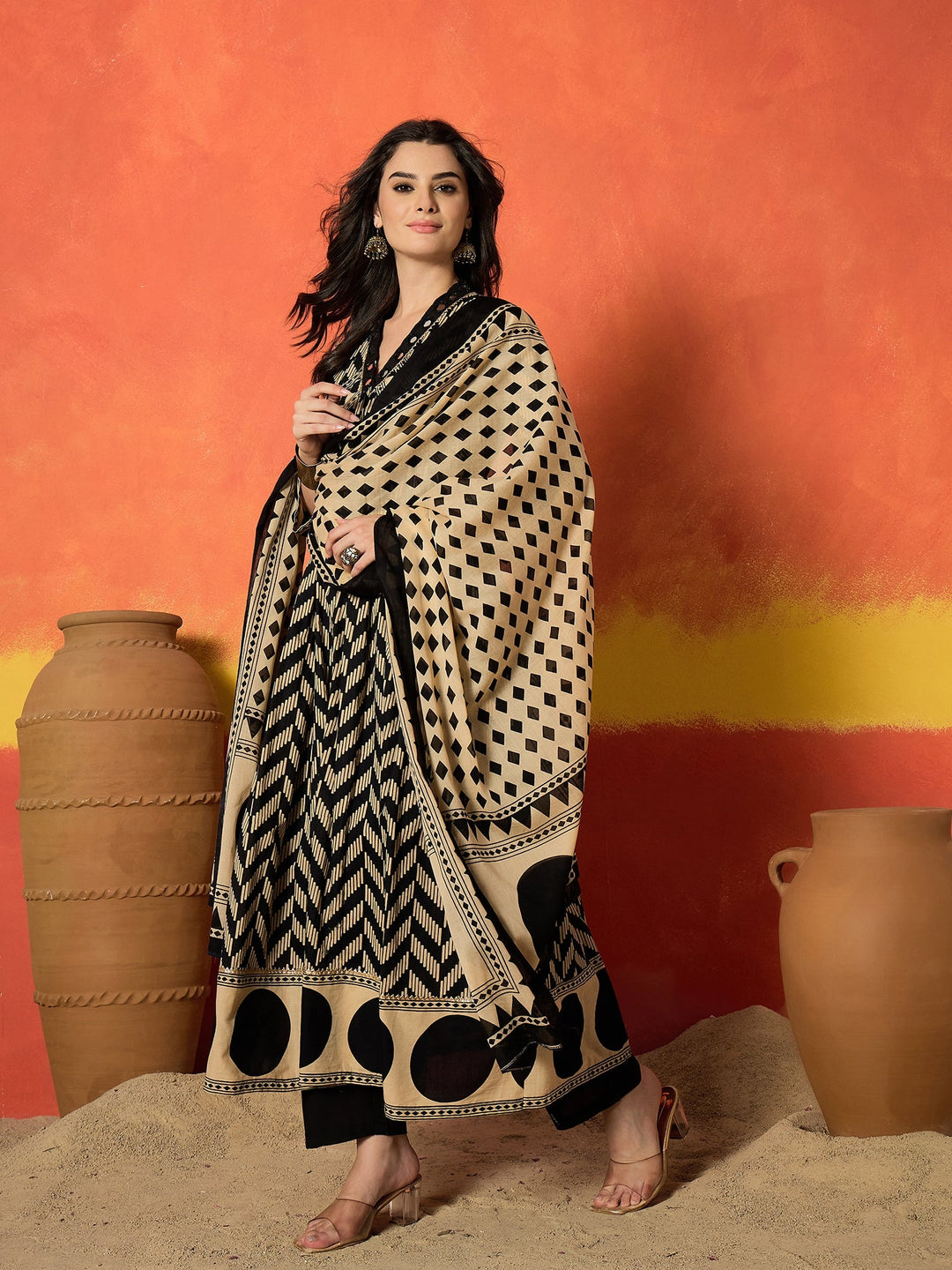 Black Chevron Printed Cotton Anarkali Kurta Pant Dupatta Set