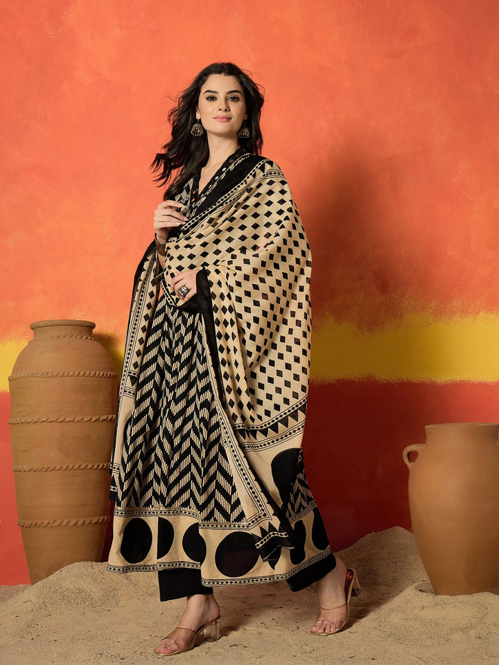 Black Chevron Printed Cotton Anarkali Kurta Pant Dupatta Set