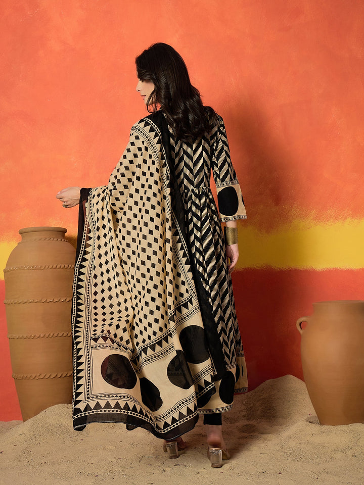 Black Chevron Printed Cotton Anarkali Kurta Pant Dupatta Set