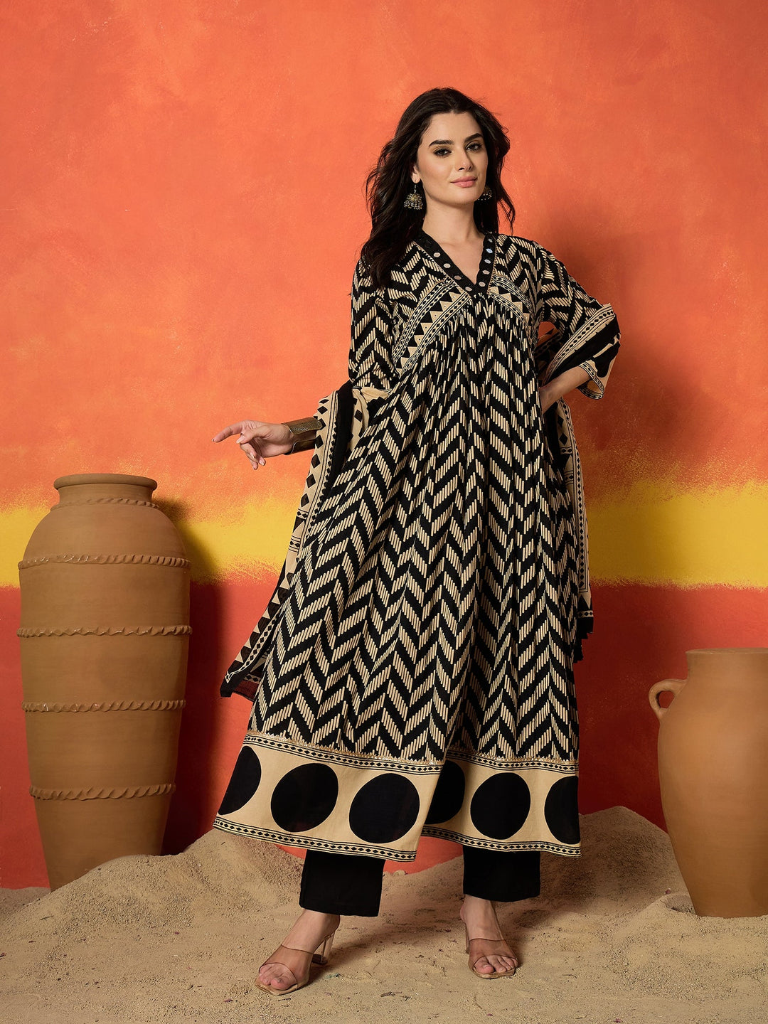 Black Chevron Printed Cotton Anarkali Kurta Pant Dupatta Set