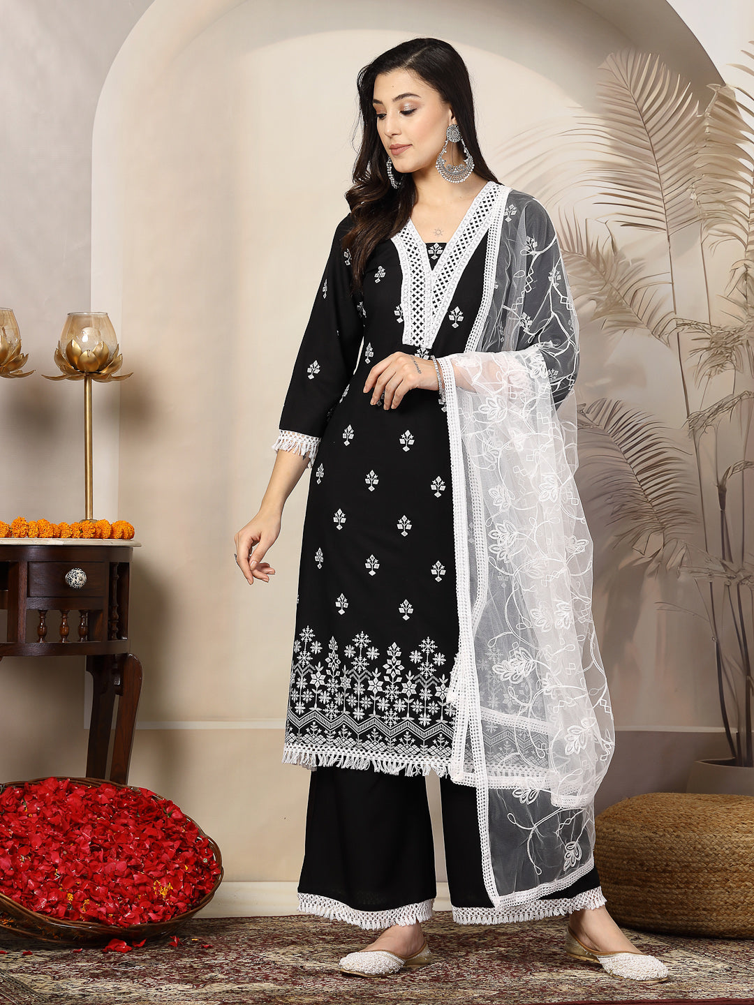 Black-Rayon-Ethnic-Printed-A-Line-3-Piece-Kurta-Set