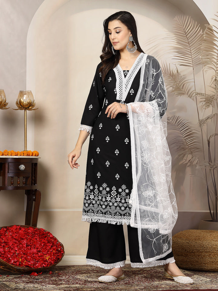 Black-Rayon-Ethnic-Printed-A-Line-3-Piece-Kurta-Set