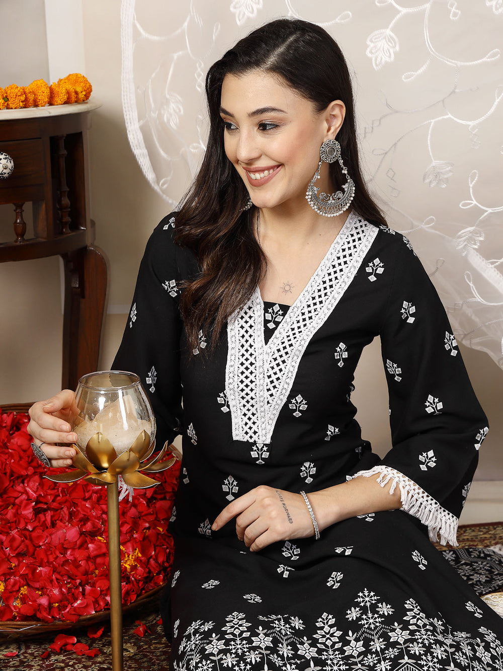 Black-Rayon-Ethnic-Printed-A-Line-3-Piece-Kurta-Set