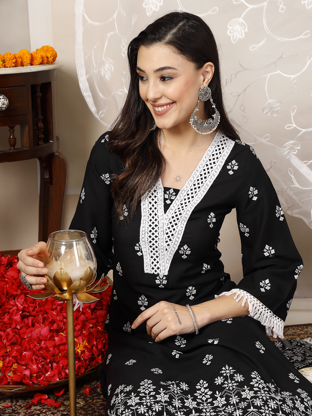 Black-Rayon-Ethnic-Printed-A-Line-3-Piece-Kurta-Set