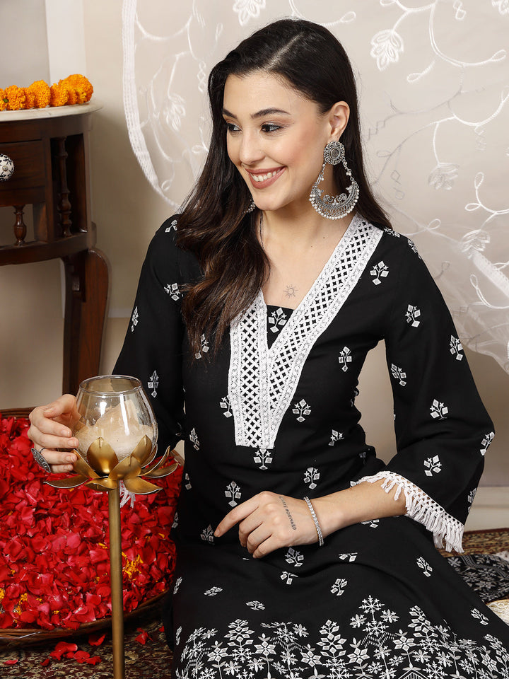Black-Rayon-Ethnic-Printed-A-Line-3-Piece-Kurta-Set