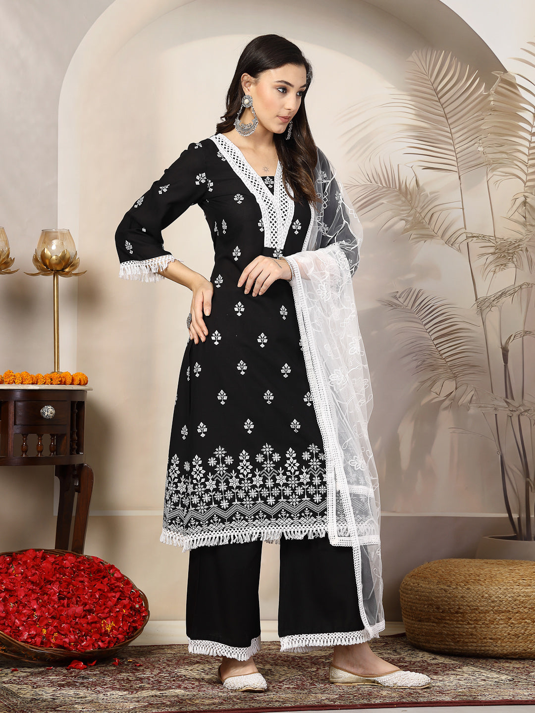 Black-Rayon-Ethnic-Printed-A-Line-3-Piece-Kurta-Set