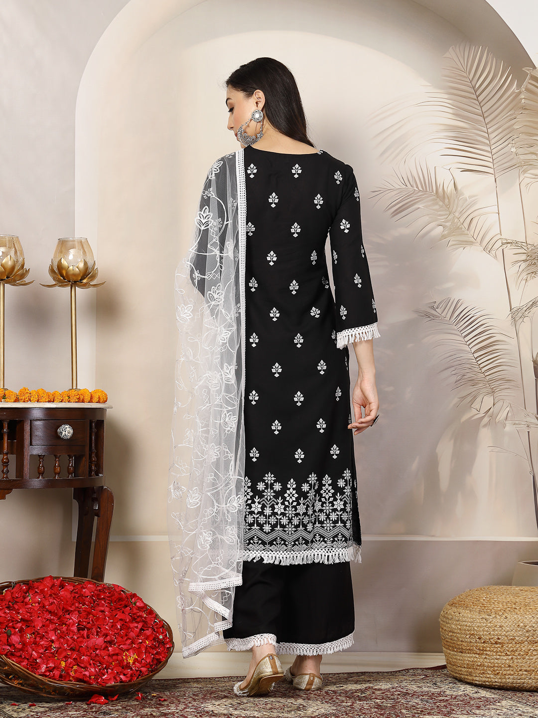 Black-Rayon-Ethnic-Printed-A-Line-3-Piece-Kurta-Set
