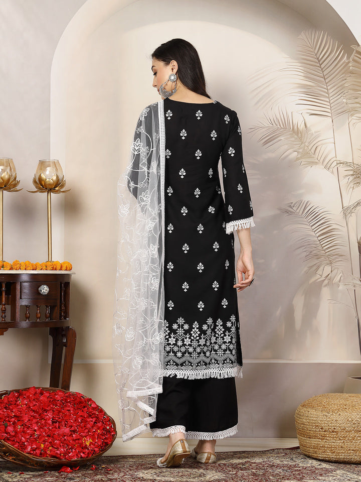 Black-Rayon-Ethnic-Printed-A-Line-3-Piece-Kurta-Set