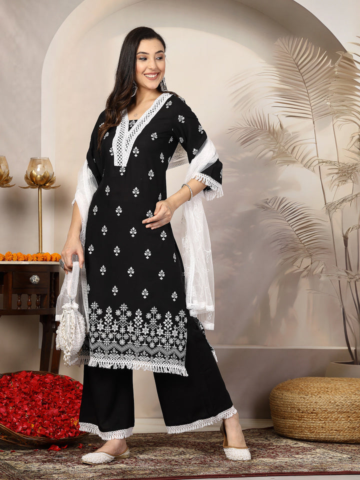 Black-Rayon-Ethnic-Printed-A-Line-3-Piece-Kurta-Set