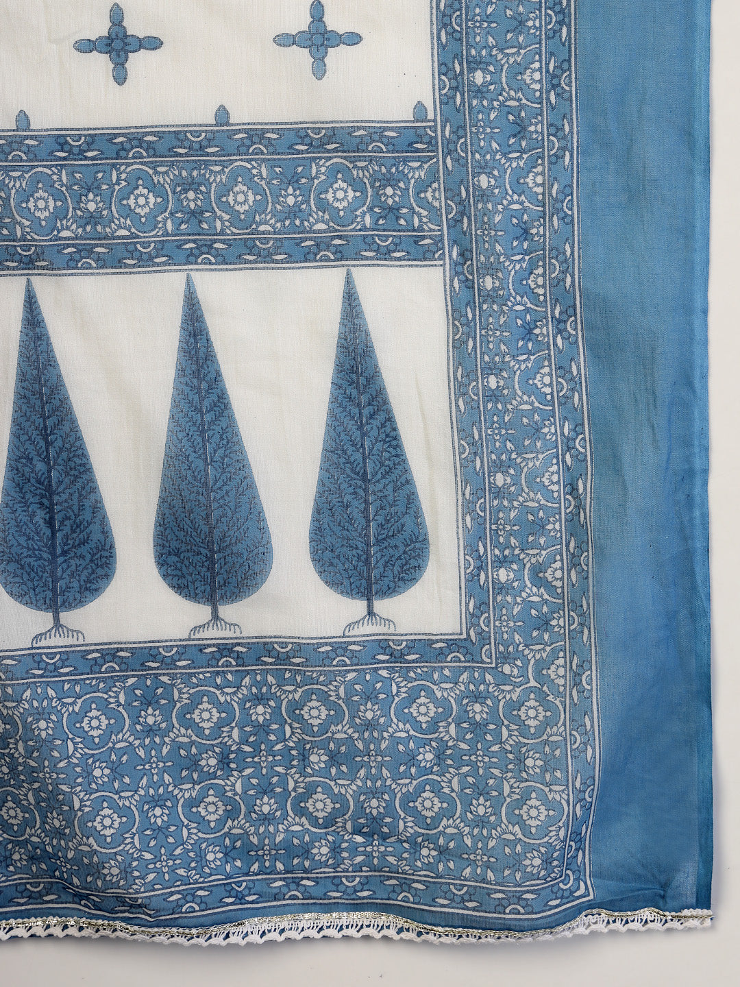 Blue Ethnic Printed & Embroidered Cotton Anarkali Kurta Pant Dupatta Set