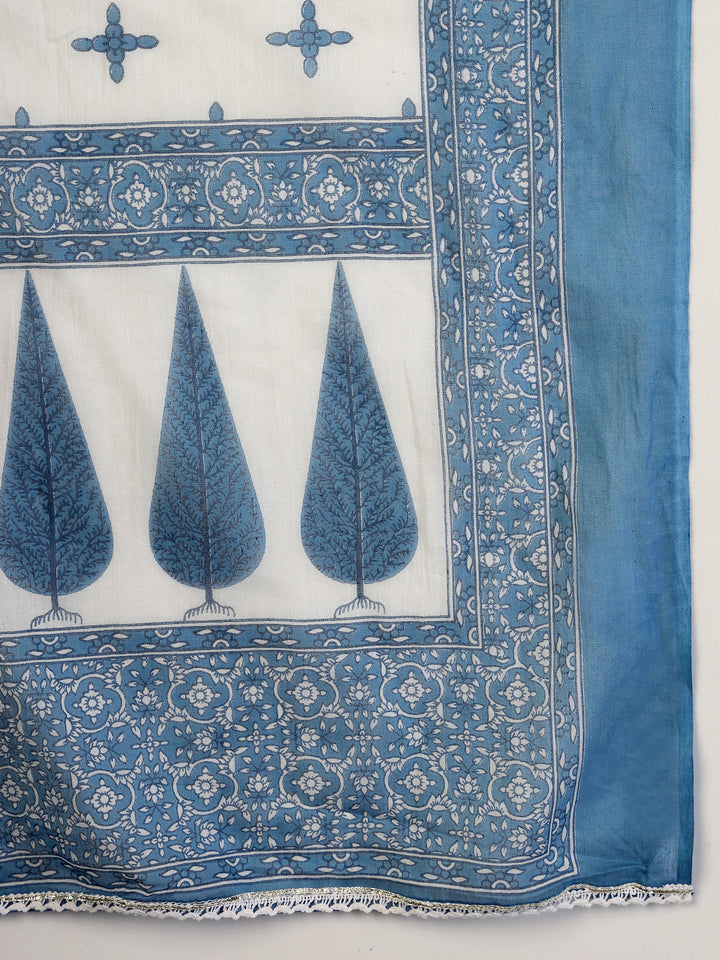 Blue Ethnic Printed & Embroidered Cotton Anarkali Kurta Pant Dupatta Set