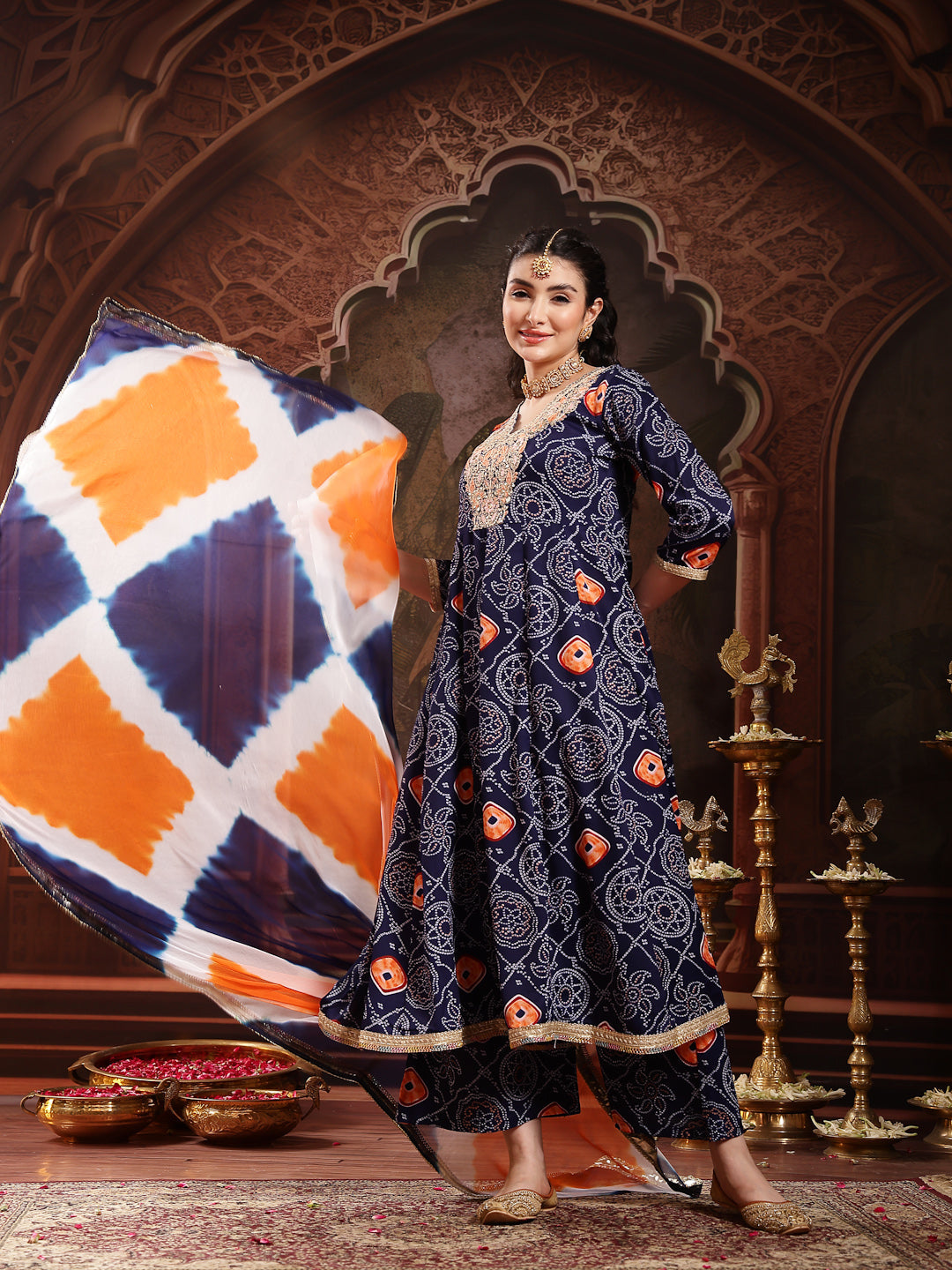 Blue Bandhej Printed & Embroidered Crepe Flared Kurta Palazzo Dupatta Set