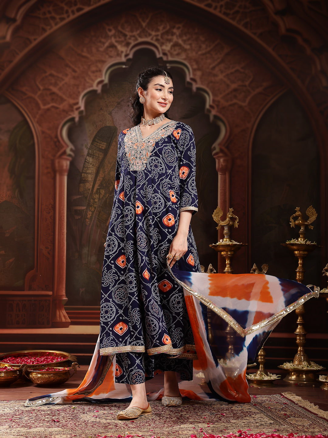 Blue Bandhej Printed & Embroidered Crepe Flared Kurta Palazzo Dupatta Set