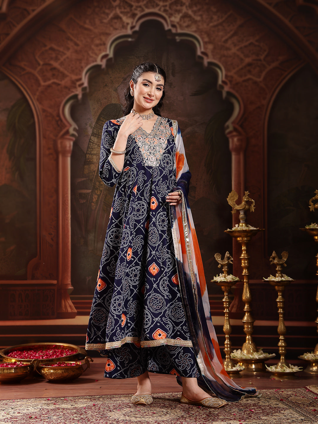 Blue Bandhej Printed & Embroidered Crepe Flared Kurta Palazzo Dupatta Set