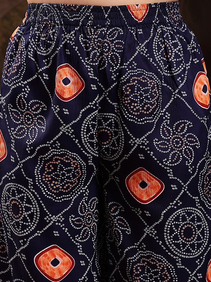 Blue Bandhej Printed & Embroidered Crepe Flared Kurta Palazzo Dupatta Set