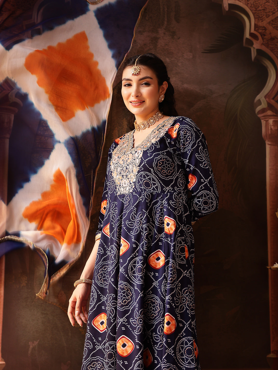 Blue Bandhej Printed & Embroidered Crepe Flared Kurta Palazzo Dupatta Set