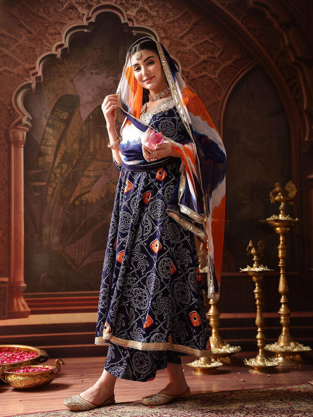 Blue Bandhej Printed & Embroidered Crepe Flared Kurta Palazzo Dupatta Set