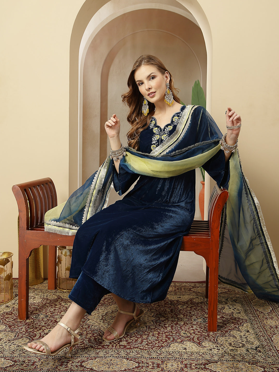 Blue Solid & Embroidered Velvet A-Line Kurta Pant Dupatta Set