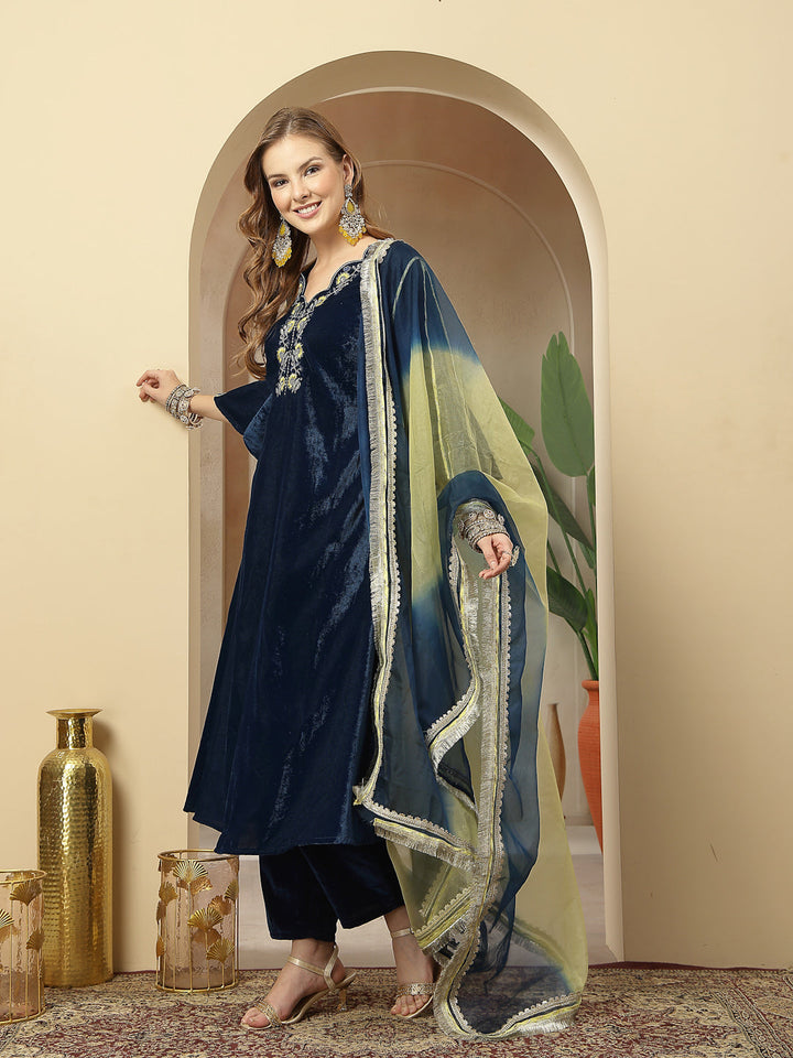 Blue Solid & Embroidered Velvet A-Line Kurta Pant Dupatta Set