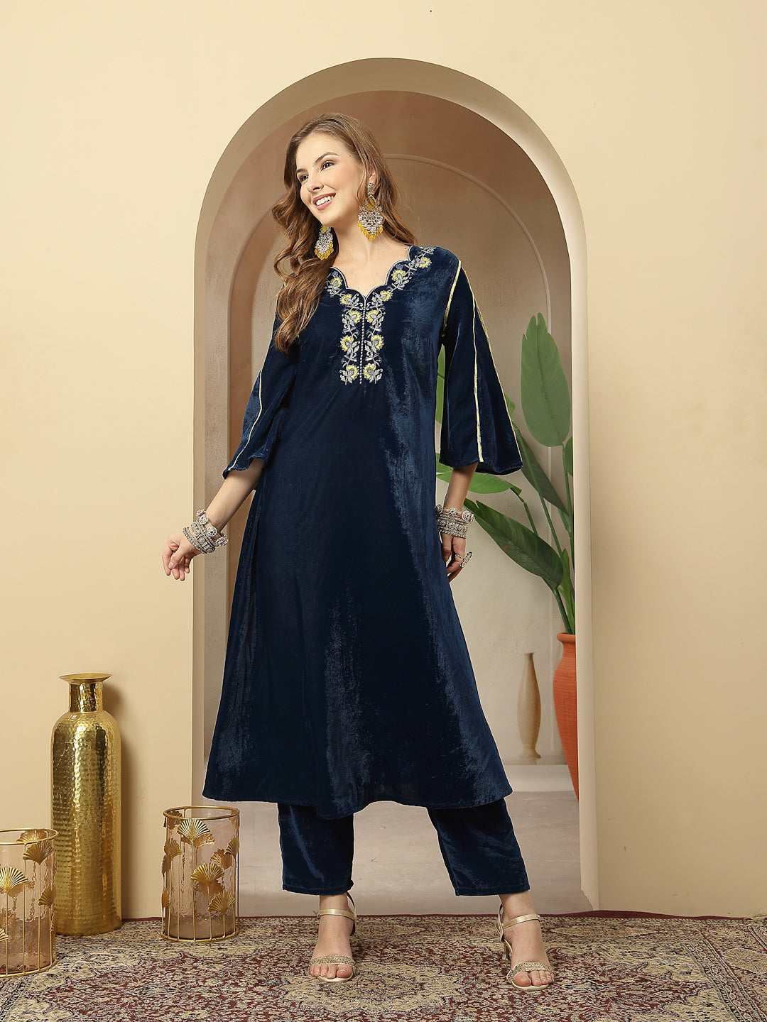 Blue Solid & Embroidered Velvet A-Line Kurta Pant Dupatta Set
