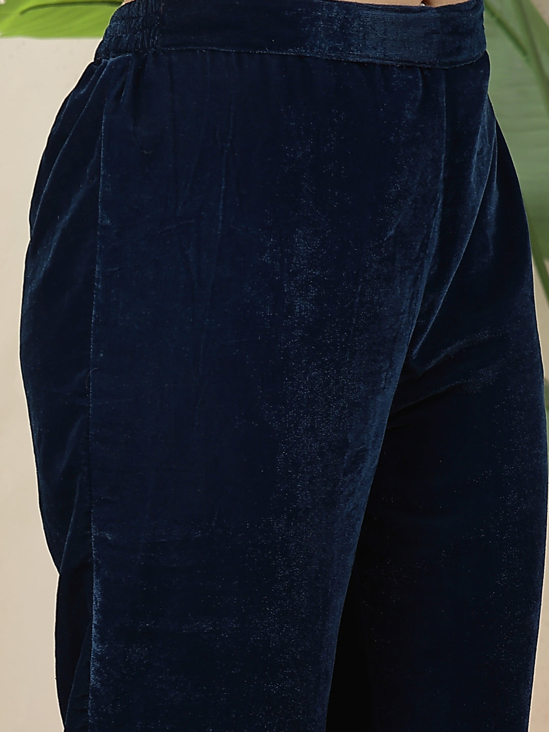 Blue Solid & Embroidered Velvet A-Line Kurta Pant Dupatta Set