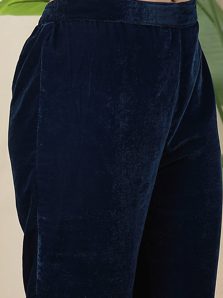 Blue Solid & Embroidered Velvet A-Line Kurta Pant Dupatta Set