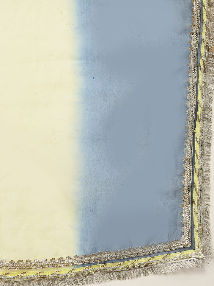 Blue Solid & Embroidered Velvet A-Line Kurta Pant Dupatta Set