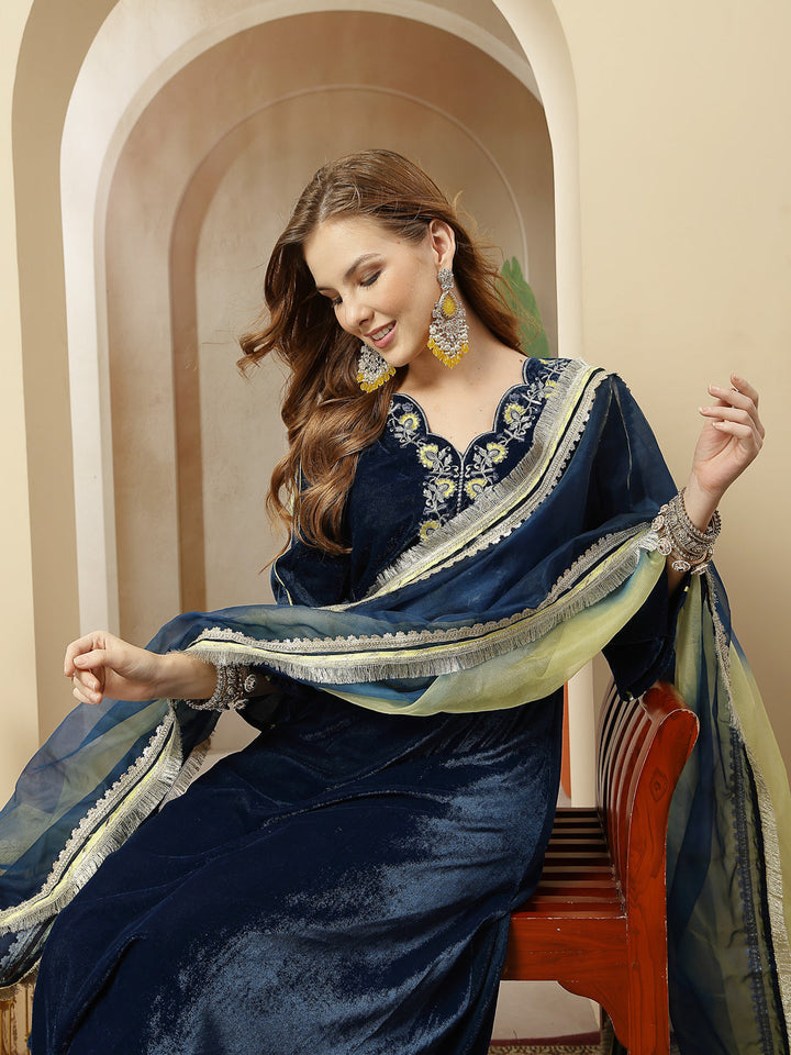 Blue Solid & Embroidered Velvet A-Line Kurta Pant Dupatta Set