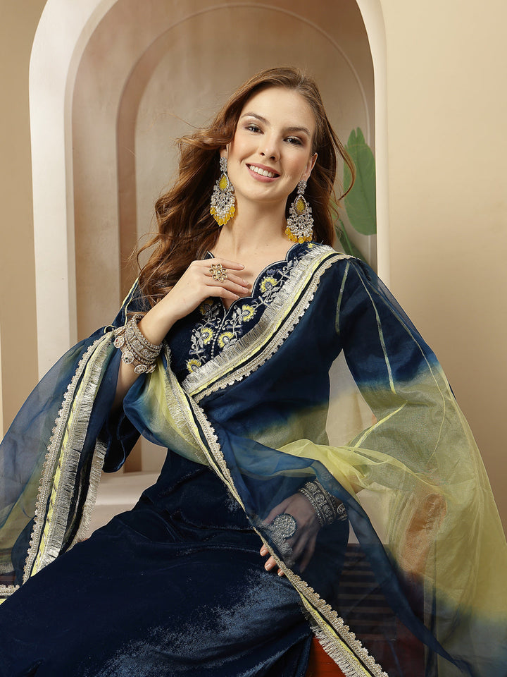 Blue Solid & Embroidered Velvet A-Line Kurta Pant Dupatta Set