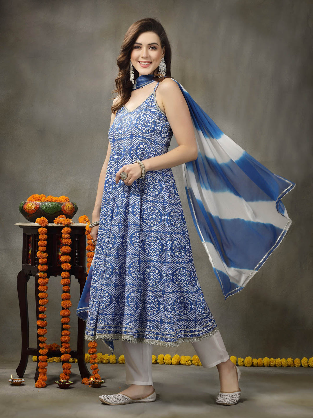 Royal-Blue-Rayon-Bandhej-Printed-3-Piece-Kurta-Set