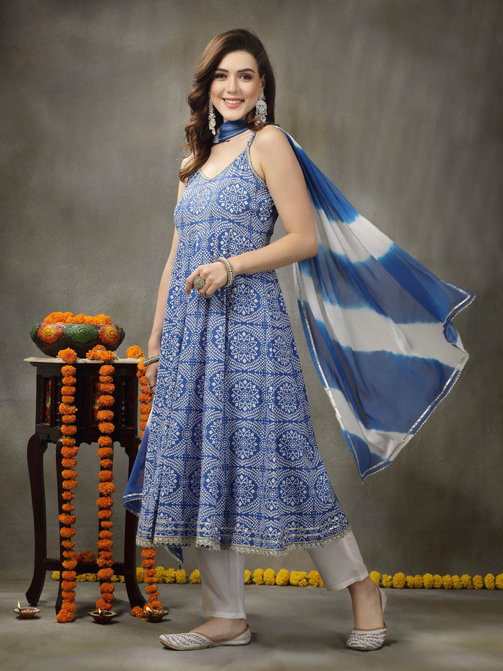 Royal-Blue-Rayon-Bandhej-Printed-3-Piece-Kurta-Set