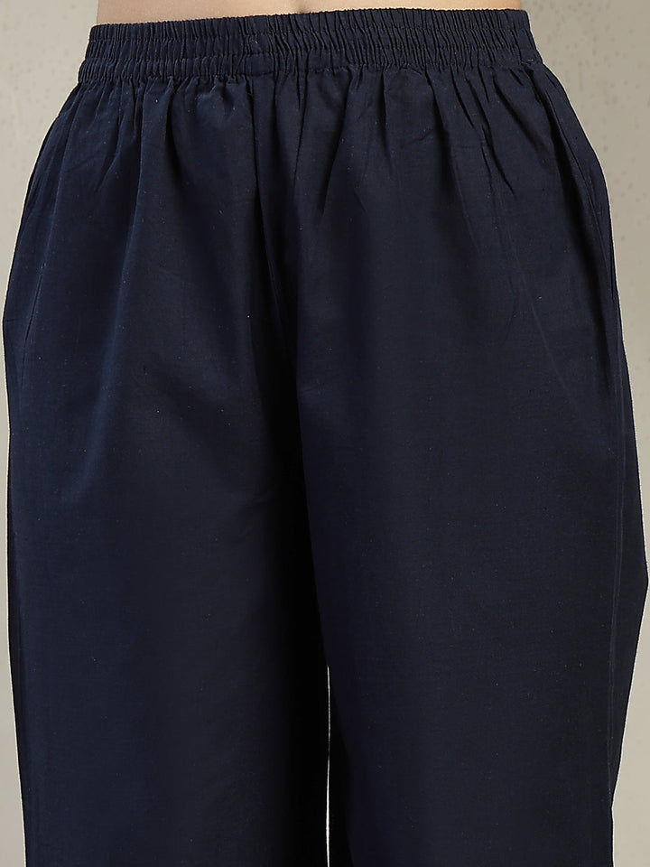 Blue Ajrakh Printed Cotton A-Line Kurta Pant Dupatta Set