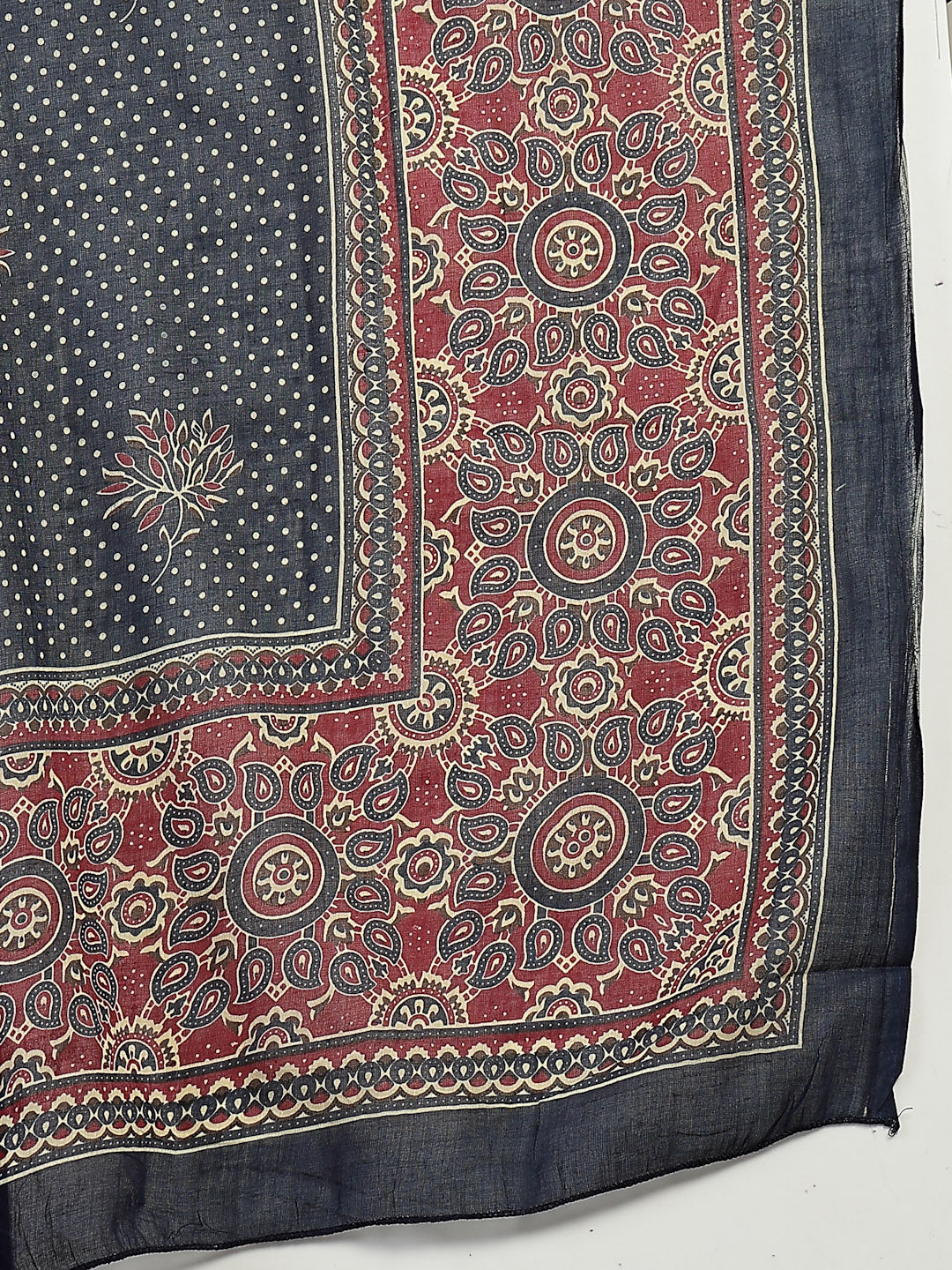Blue Ajrakh Printed Cotton A-Line Kurta Pant Dupatta Set