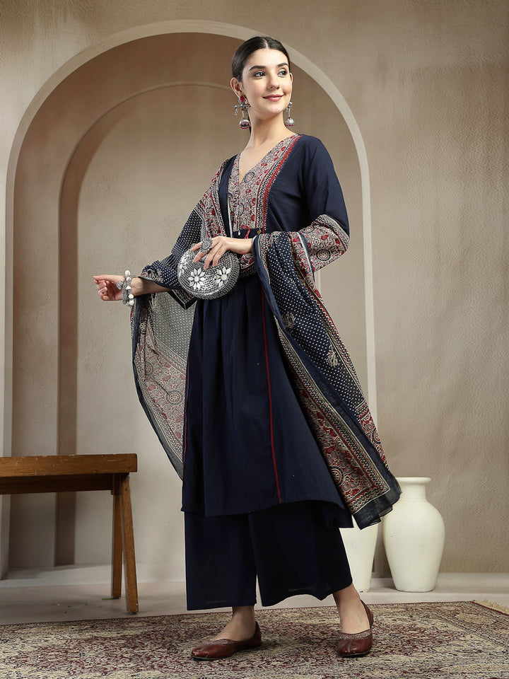 Blue Ajrakh Printed Cotton A-Line Kurta Pant Dupatta Set