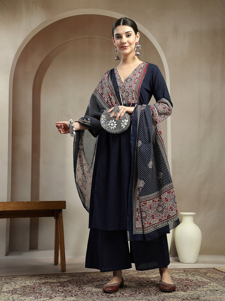 Blue Ajrakh Printed Cotton A-Line Kurta Pant Dupatta Set