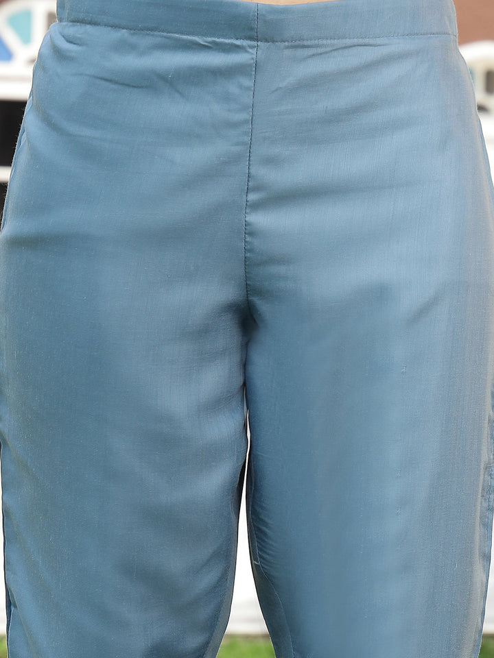 Blue Floral Printed Rayon A-Line Kurta Pant Dupatta Set