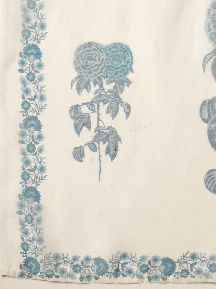Blue Floral Printed Cotton Slub Straight Kurta Pant Dupatta Set