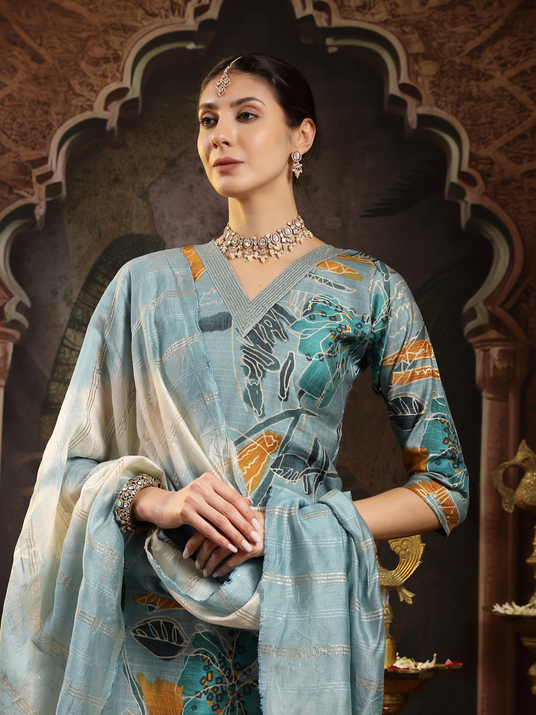 Blue Floral Printed Silk Blend Straight Kurta Pant Dupatta Set