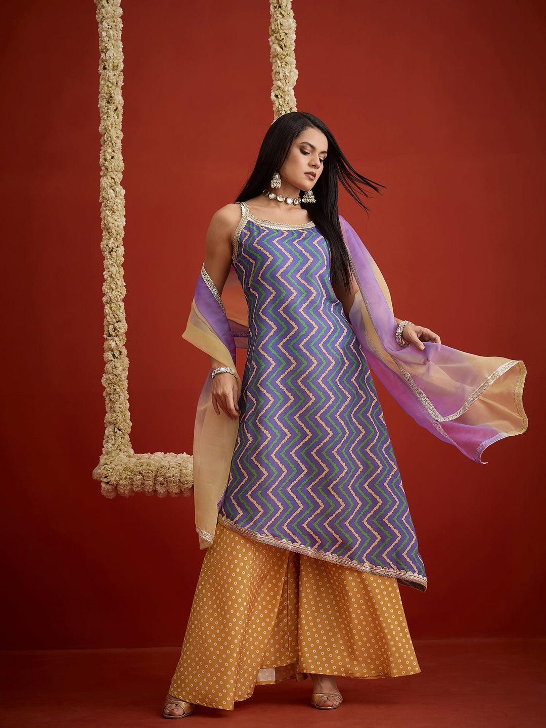 Blue Chevron Printed Cotton Asymmetric Kurta Palazzo Dupatta Set