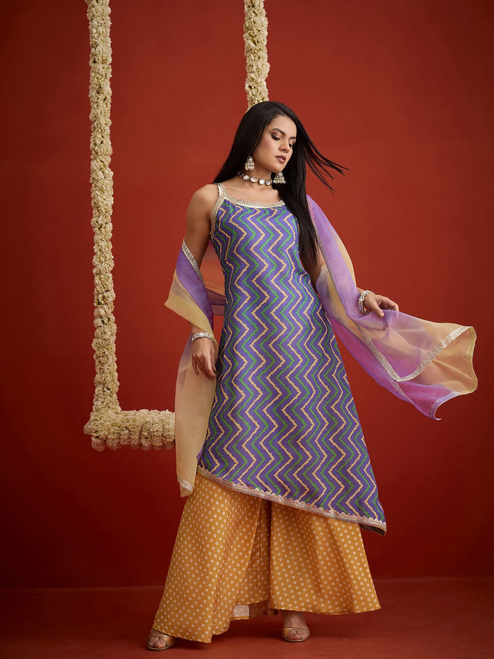 Blue Chevron Printed Cotton Asymmetric Kurta Palazzo Dupatta Set