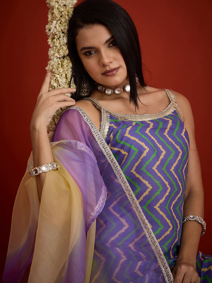 Blue Chevron Printed Cotton Asymmetric Kurta Palazzo Dupatta Set