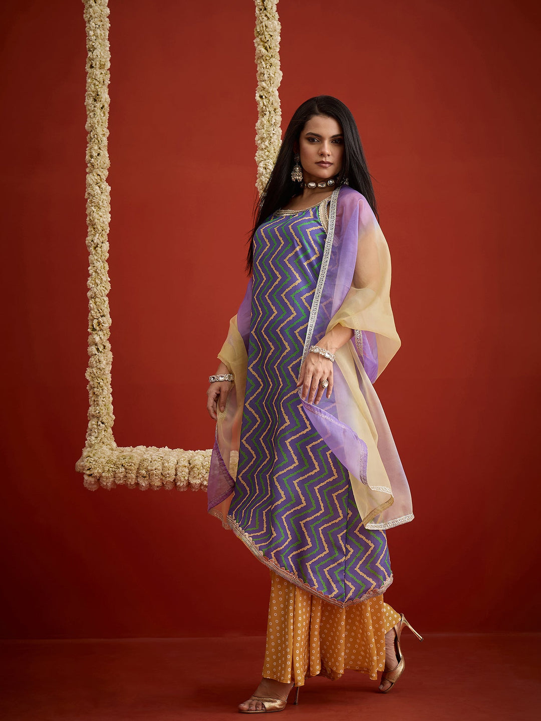 Blue Chevron Printed Cotton Asymmetric Kurta Palazzo Dupatta Set