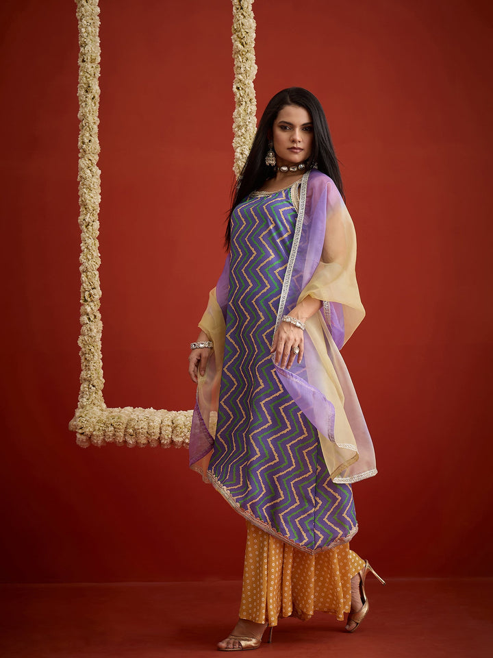 Blue Chevron Printed Cotton Asymmetric Kurta Palazzo Dupatta Set