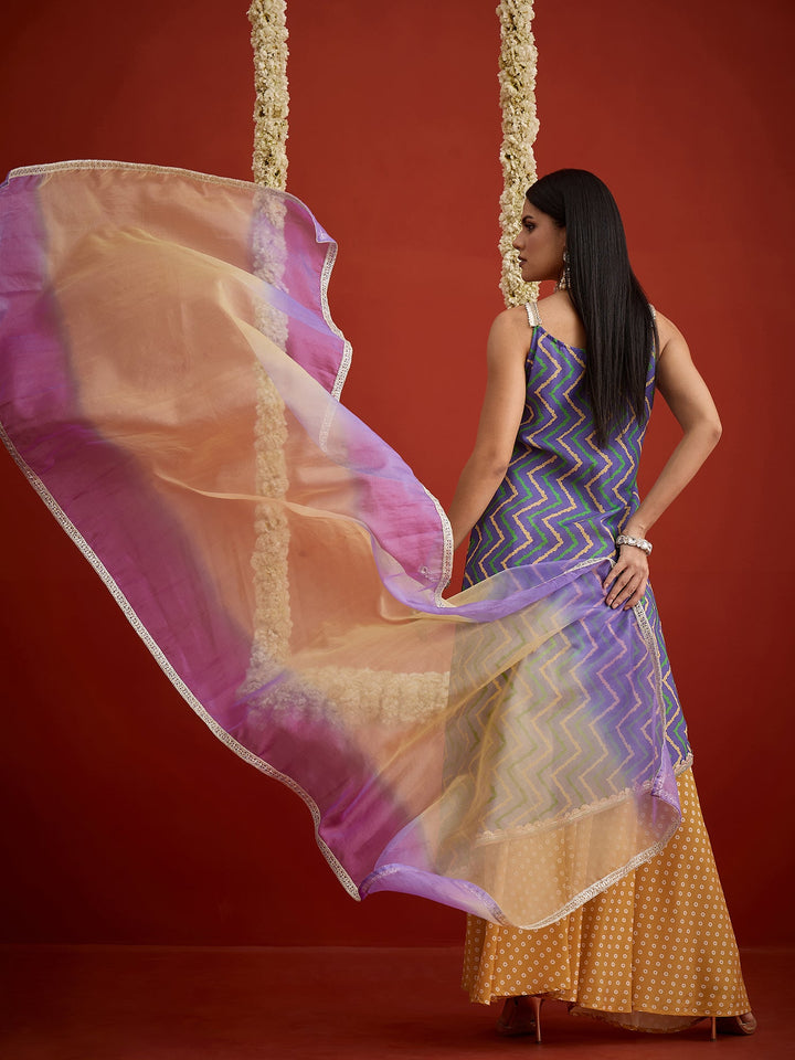 Blue Chevron Printed Cotton Asymmetric Kurta Palazzo Dupatta Set