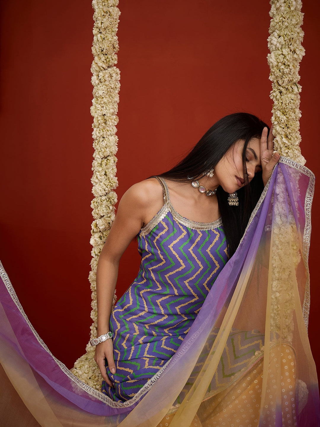 Blue Chevron Printed Cotton Asymmetric Kurta Palazzo Dupatta Set