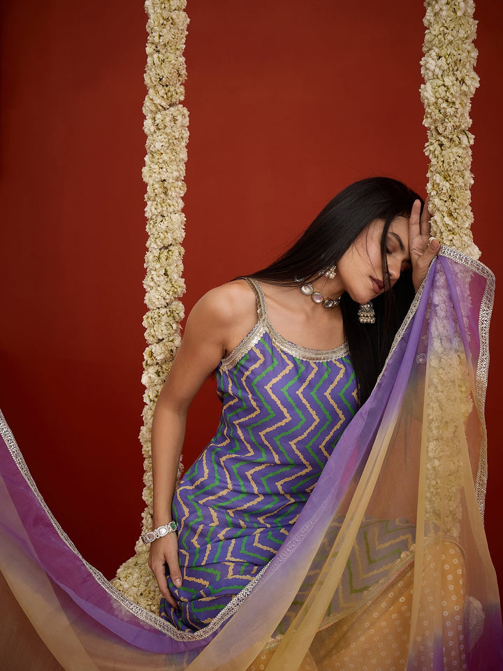 Blue Chevron Printed Cotton Asymmetric Kurta Palazzo Dupatta Set